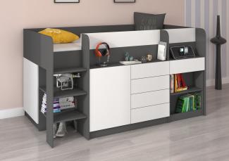 Domando Hochbett Sondrio Modern Breite 204cm, mit integrierten Schränken, Schreibtisch und Regal in Graphit und Weiß Matt