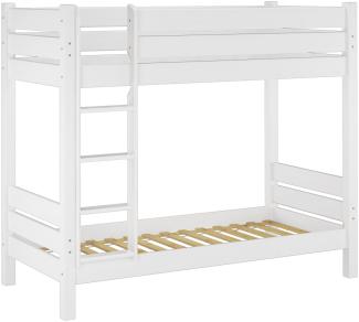 Erst-Holz Etagenbett mit waagrechten Balken, Kiefer, Weiß 90 x 190 cm Bett, Rollroste