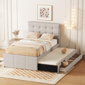 Merax Polsterbett, Doppelbett, Familienbett, mit drei Schubladen, ausziehbares Bett, Verstellbares Kopfteil, Beige, 90x200cm