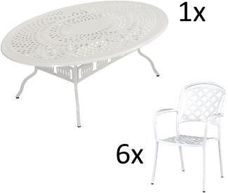 Inko 7-teilige Sitzgruppe Alu-Guss weiß Tisch oval 216x152x74 cm cm mit 6 Sesseln Tisch 216x152 cm mit 6x Sessel Capri