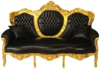 Casa Padrino Barock 3er Sofa King Schwarz Lederoptik / Gold - Wohnzimmer Couch Möbel Lounge