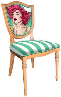 Casa Padrino Art Deco Esszimmerstuhl Grün / Weiß / Mehrfarbig / Naturfarben - Eleganter Massivholz Stuhl mit Design und Streifen - Esszimmer Möbel - Art Deco Möbel