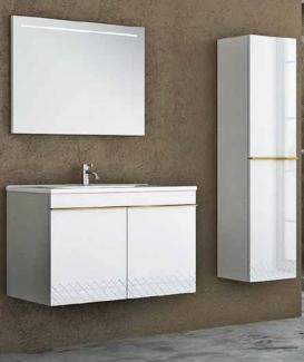 Casa Padrino Luxus Badezimmer Set Weiß / Gold - 1 Waschtisch und 1 Waschbecken und 1 LED Wandspiegel und 1 Hängeschrank - Luxus Kollektion