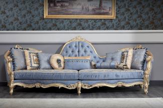 Casa Padrino Luxus Barock Chesterfield Sofa Hellblau / Antik Gold 300 x 90 x H. 119 cm