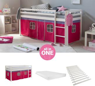 Homestyle4u Spielbett, Pink, Kiefernholz pink / weiß, 90 x 200 cm