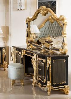 Casa Padrino Luxus Barock Schlafzimmer Set Schwarz / Gold / Hellblau - 1 Barock Schminkkommode & 1 Barock Spiegel & 1 Barock Hocker - Barock Schlafzimmer Möbel - Edel & Prunkvoll