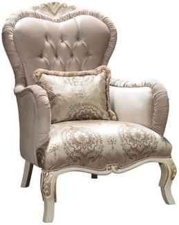 Casa Padrino Luxus Barock Wohnzimmer Sessel mit Glitzersteinen und dekorativem Kissen Grau / Creme / Gold 90 x 85 x H. 110 cm - Edle Barockstil Möbel