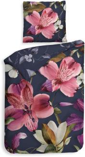 Heckett & Lane Satin Bettwäsche 135x200 Tropici Navy blue Blüten Lilien pink vanille