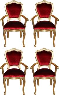 Casa Padrino Luxus Barock Esszimmer Set Bordeauxrot / Gold 60 x 47 x H. 99 cm - 4 handgefertigte Esszimmerstühle mit Armlehnen - Barock Esszimmermöbel