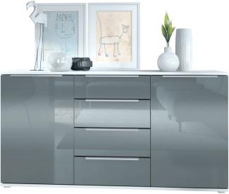 Vladon Sideboard Linio 139 x 72,5 x 35 cm Anrichte mit 2 Türen und 4 Schubladen, Korpus in Weiß matt, Fronten in Grau Hochglanz