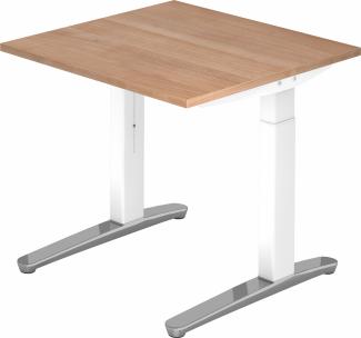 bümö® Design Schreibtisch XB-Serie höhenverstellbar, Tischplatte 80 x 80 cm in Nussbaum, Gestell in weiß/alu poliert