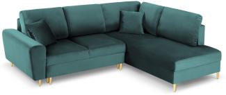 Micadoni 5-Sitzer Samtstoff Ecke rechts Sofa mit Bettfunktion und Box Moghan | Bezug Petrol | Beinfarbe Gold Metal