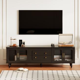 Merax Lowboard, TV-Möbel im Retro-Stil, goldene Griffe, viel Stauraum, Mit Glastür und Beinen aus Massivholz , Schwarz