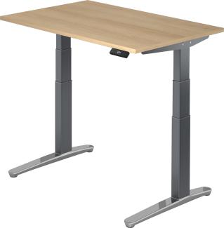 bümö® Sitz- & Stehschreibtisch Serie-XBHM elektrisch höhenverstellbar mit Memoryfunktion, Tischplatte 120 x 80 cm in Eiche, Gestell in graphit / aluminium poliert