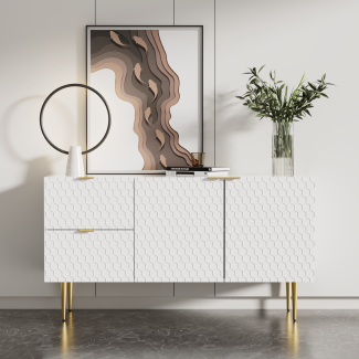 Merax Sideboard mit besonderem Muster und Haptik, Kommode mit zwei Türen und zwei Schubladen, goldene Griffe und Füße ,weiß