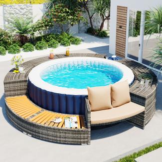 Merax Spa-Pool, Gartenmöbel-Set, Poolumrandung, PE-graues Rattan und Akazienholz, mit Stauraum, Lounge-Set, für Whirlpool und Pool