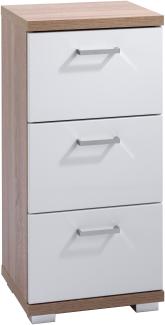 HOMEXPERTS Badezimmer Seitenschrank NUSA in Sonoma Eiche Hochglanz weiß lackiert / Kleiner Badschrank mit 3 Schubladen und silberfarbenen Griffen / 35. 5 x 31. 5 x 74 cm (B x T x H)