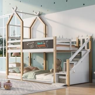 Merax Kinderbett Baumhaus inkl. Tafel Bett mit Speicherung und Rausfallschutz 90 x 200 cm, Hochbett für Kinder– 2x Lattenrost- Natur & Weiß(ohne Matratze)