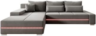 Juskys Sofa Davos Links mit Schlaffunktion - Ecksofa für Wohnzimmer mit Bettkasten & LED - Stoff Schlafsofa L Form Couch Beleuchtung - Hellgrau