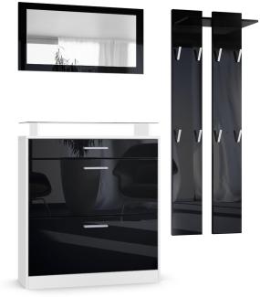 Vladon Garderobe Loret mini, Garderobenset bestehend aus 1 Schuhschrank, 1 Wandspiegel und 2 Garderobenpaneele, Weiß matt/Schwarz Hochglanz