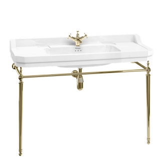 Casa Padrino Luxus Jugendstil Waschtisch Weiß / Gold 121 x 51 x H. 90 cm - Porzellan 1-Loch Stand Waschbecken mit Untergestell - Badezimmer Möbel
