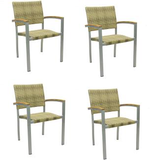 4x Konway BORNEO Stapelsessel Elfenbein Polyrattan Garten Sessel Stuhl Set beige