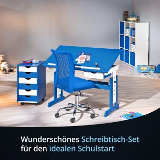 KHG Schreibtisch-Set blau weiß mit Rollcontainer Kiefer Echtholz 6-fach höhenverstellbar mit neigbarer Tischplatte 109 x 96 x 55 cm