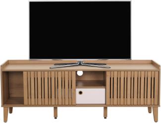 TV-Rack HWC-M48, Lowboard TV-Schrank, Schiebetür Mango-Massivholz 56x150x40cm ~ natur, Schublade weiß