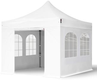 3x3 m Faltpavillon, PREMIUM Stahl 40mm, feuersicher, Seitenteile mit Sprossenfenstern, weiß