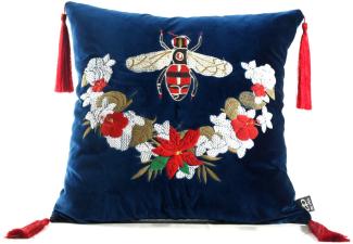 Casa Padrino Luxus Deko Kissen mit Troddeln Bee Blau / Mehrfarbig 45 x 45 cm - Feinster Samtstoff - Luxus Deko Accessoires