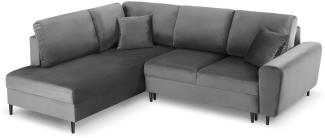 Micadoni 5-Sitzer Samtstoff Ecke links Sofa mit Bettfunktion und Box Moghan | Bezug Light Grey | Beinfarbe Black Chrome.