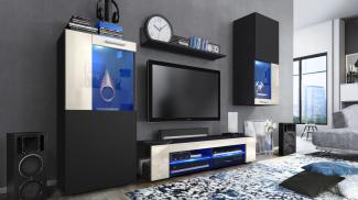 Vladon Wohnwand Movie, Anbauwand bestehend aus 1 TV-Board, 2 Vitrinen und 1 Regal, Schwarz matt/Schwarz matt/Creme Hochglanz, inkl. LED-Beleuchtung blau (Gesamt: 300 x 190 x 39 cm)