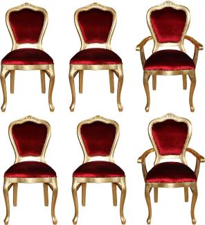 Casa Padrino Luxus Barock Esszimmer Set Bordeauxrot / Gold - 6 handgefertigte Esszimmerstühle - 2 Stühle mit Armlehnen und 4 Stühle ohne Armlehnen - Barock Esszimmermöbel