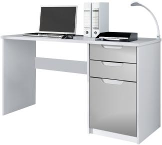 Vladon Schreibtisch Logan, Bürotisch mit 2 Schubladen und 1 Tür, Weiß matt/Hellgrau Seidenmatt (129 x 76 x 60 cm)