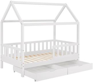 Juskys Kinderbett Marli 80 x 160 cm mit Bettkasten 2-teilig, Rausfallschutz, Lattenrost & Dach - Massivholz Hausbett für Kinder - Bett in Weiß