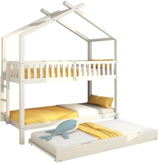 Merax Hausbett Kinderbett Jugendbett, 90x200 cm, drei Betten, Ausziehbar, Platzsparendes Design, Weiß(Ohne Matratze)