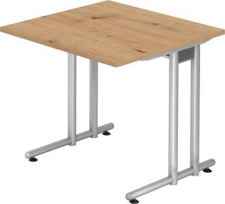 bümö® Schreibtisch N-Serie, Tischplatte 80 x 80 cm in Asteiche, Gestell in silber