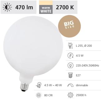 Eglo 110102 LED FILAMENT Leuchtmittel BIG SIZE E27 4,5W L:25. 5cm Ø:20cm 2700K warmweiß dimmbar