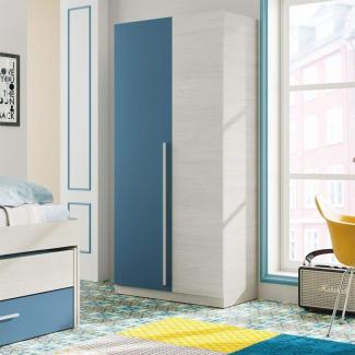 Kleiderschrank mit zwei Türen und drei Einlegeböden, mit Kleiderstange, Holznachbildung weiß und hellblau, 90 x 200 x 52 cm.