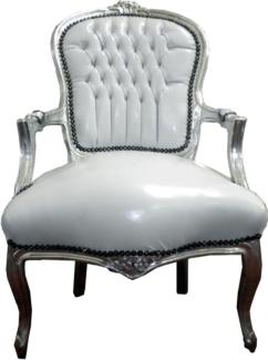 Casa Padrino Barock Salon Stuhl Weiß / Silber Lederoptik - Möbel Antik Stil