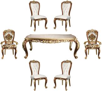Casa Padrino Luxus Barock Esszimmer Set Weiß / Gold / Braun / Gold - 1 Esszimmertisch & 6 Esszimmerstühle - Edle Esszimmer Möbel im Barockstil - Edel & Prunkvoll
