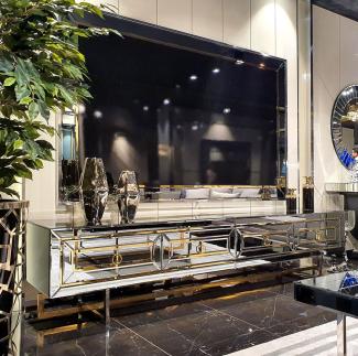 Casa Padrino Luxus Wohnzimmer Möbel Set Silber / Gold - Verspiegelter TV Schrank mit verspiegelter Rückwand - Verspiegelte Luxus Möbel