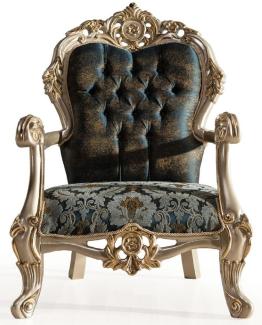 Casa Padrino Luxus Barock Sessel Dunkelblau / Türkis / Silber / Gold - Prunkvoller Wohnzimmer Sessel mit elegantem Muster - Barock Wohnzimmer Möbel