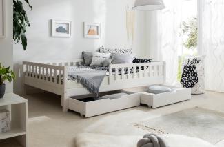 Bodenbett Einzelbett "Mio" 140x200 Kiefer Massiv - weiß / 60 cm Schubkasten-Set