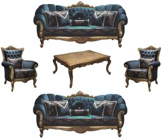 Casa Padrino Luxus Barock Wohnzimmer Set Blau / Gold - 2 Sofas & 2 Sessel & 1 Couchtisch - Wohnzimmer Möbel - Edel & Prunkvoll