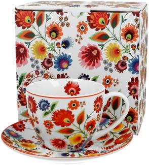 DUO ETNO 33991 Tasse 250 ml mit Untertasse ŁOWICZ mit Untertasse, New Bone China Porzellan