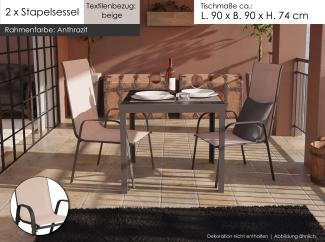 Gartenmöbel Set Alu Tisch 3-tlg. 2x Stapelsessel Essgruppe Gartenset Sitzgruppe beige