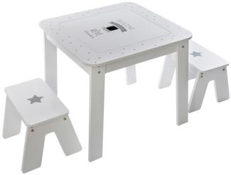 Atmosphera Beistelltisch mit Aufbewahrung, Tischplatte + 2 Hocker für Kinderzimmer, weiß/grau