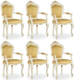 Casa Padrino Luxus Barock Esszimmer Stuhl Set mit Armlehnen Gold / Weiß / Gold 58 x 50 x H. 103 cm - Barock Küchen Stühle 6er Set - Esszimmer Möbel im Barockstil