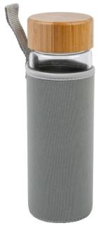 Axentia Glas-Trinkflasche mit Bambusdeckel, 420 ml, Polyestertasche grau, robustes Borosilikatglas, Ø 6,5 x H20 cm